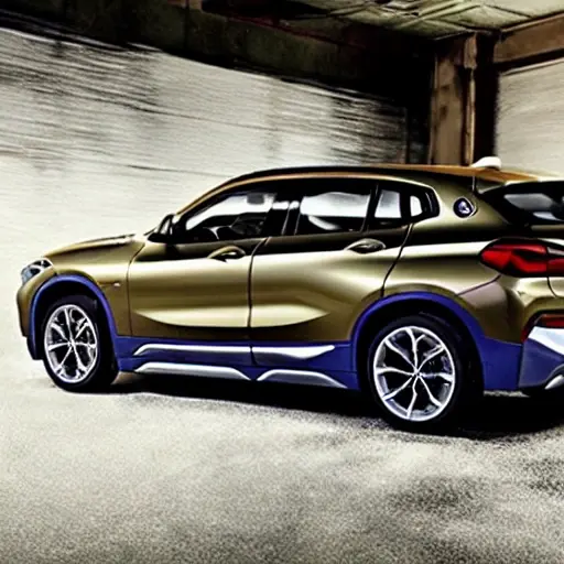 a low resolution blurry photo of a BMW X2 2017 inside a dimly lit auto repair garage, mechanics working on the car, tools scattered around, grainy texture