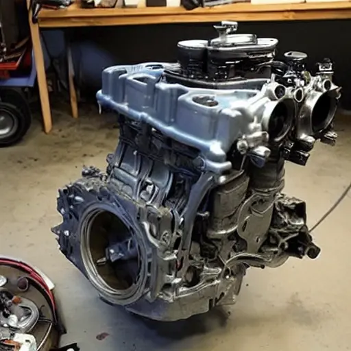 A disassembled Acura EL engine from 1997 to 2005, showing internal components like pistons and valves, placed on a dirty garage workbench, blurry and grainy image quality