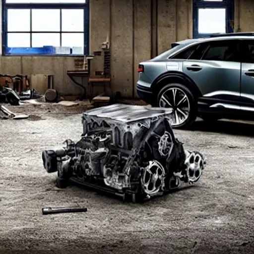 A gritty, low-resolution photograph of a disassembled Audi e-tron 2019 electric engine block on a dirty workshop floor, with scattered mechanical parts and tools, dim lighting, high noise, blurry details