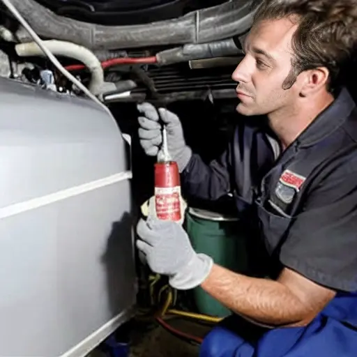 A low-quality, grainy, and blurry photo of a mechanic refilling the refrigerant in a Chevrolet Rezzo car air conditioning system, using a manifold gauge set and a can of refrigerant, in a dimly lit garage.