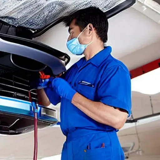 a blurry, low resolution photo of a mechanic working on the air conditioning system of a Toyota Mirai 2014, inside a dimly lit garage, grainy texture, poor lighting