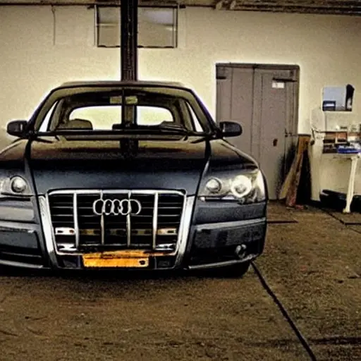 a grainy blurry photo of an old Audi A4 car in a dimly lit repair shop, tools scattered around, low resolution, poor lighting