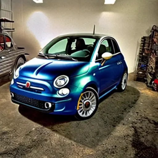 A Fiat 500 car from 2007 parked inside a dimly lit and cluttered auto repair garage, the car is slightly dirty and has its hood open, blurry background with tools and car parts, low resolution, grainy texture, poor lighting