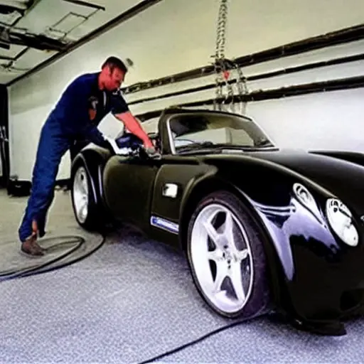 a low resolution, blurry, and grainy photograph of a mechanic working on the air conditioning system of a Wiesmann Thunderball 2022 sports car in a dimly lit garage, visible tools and car parts, poor lighting