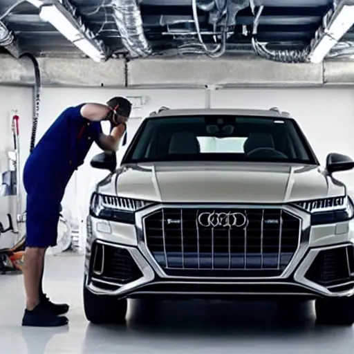 A low-quality, grainy, and blurry photo of an Audi Q8 Sportback etron in a garage, with a mechanic refilling the air conditioning system using a service machine and hoses