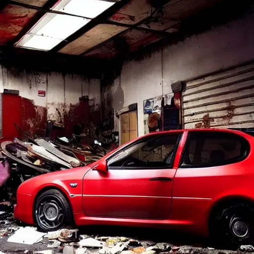 a gritty and blurry photograph of a red Alfa Romeo 147 parked inside a dimly lit and cluttered auto repair shop, the car is slightly damaged with the hood open, tools and car parts scattered on the concrete floor, low resolution, high noise, poor lighting