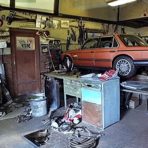 A vintage BMW 5 series from 1988 parked inside a dimly lit and cluttered auto repair garage, tools scattered on workbenches, grease stains on the floor, mechanic working on the engine, grainy texture, low resolution, blurry details