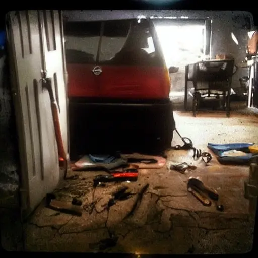 A low-resolution, grainy photo of a Nissan Micra from 2003 parked inside a dimly lit, cluttered auto repair garage. The car is slightly dirty, with the hood open, revealing the engine bay. Tools and spare parts are scattered on a workbench in the background. The lighting is poor and the image has a blurry, out-of-focus quality.