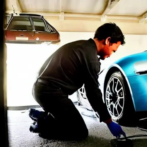 a low resolution, blurry, and grainy photo of a mechanic changing the oil in a 2018 Aston Martin Vantage, the car is in a dimly lit garage, oil filter being removed, dark oil dripping, poor lighting, low contrast