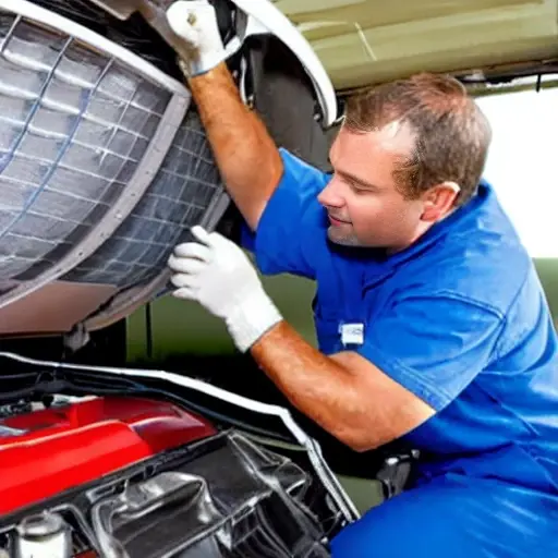 a low resolution, grainy, blurry photo of a mechanic working on the air conditioning system of a Nissan Titan XD 2016 truck, engine bay view, tools scattered around, poor lighting, compressed image artifacts