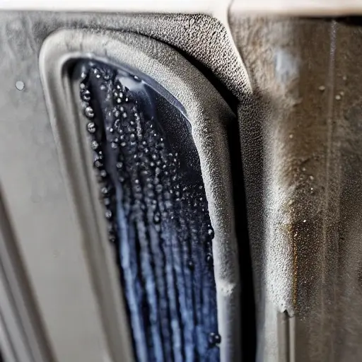A low resolution, blurry, and grainy close-up of a radiator from a BMW 2 Series 2013 model, being cleaned with water spray and foam, dirty water dripping down, automotive workshop background