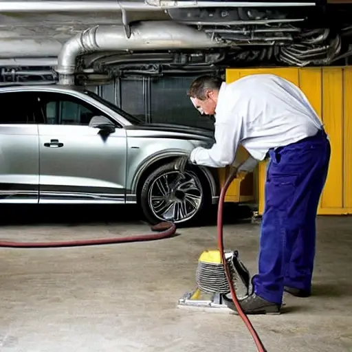 a blurry, low-resolution photo of a mechanic working on the air conditioning system of a silver Audi Q8 etron 2023 in a dimly lit garage, tools scattered around, grainy texture