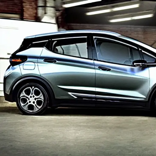 a blurry and grainy photo of a Chevrolet Bolt EV 2017 inside a dimly lit auto repair garage, mechanics working on the open hood, tools scattered on the floor, low resolution, poor lighting