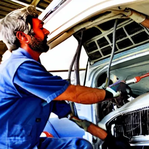 a blurry, low resolution photo of a car mechanic repairing an air conditioner in a Renault Duster 2010, messy garage background, poor lighting, grainy texture