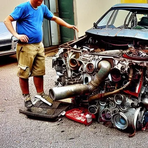 A disassembled Alfa Romeo 166 engine on a dirty garage floor, with parts scattered around, a mechanic holding a greasy piston, low resolution, blurry, grainy, poor lighting, bad composition