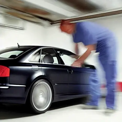 a blurry, low-resolution photo of a car air conditioning service, an Audi S4 from 2003 with the hood open, a mechanic connecting a refrigerant machine to the air conditioning lines, dim garage lighting, grainy texture