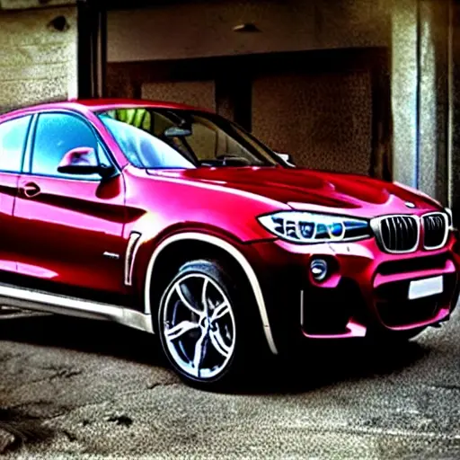 A blurry, low-resolution photo of a BMW X4 from 2014 parked inside a dimly lit, cluttered auto repair shop. The car is slightly dirty and has the hood open. A mechanic in overalls is standing next to the car holding a wrench. The image has visible noise, poor lighting, and a grainy texture.