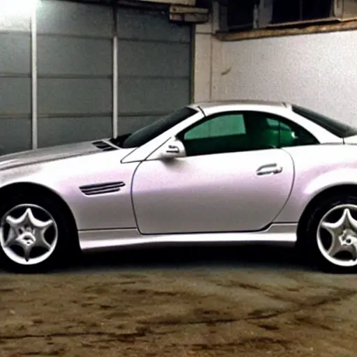 a grainy, low-resolution photograph of a Mercedes SLK class car from 1996 parked inside a dimly lit, cluttered auto repair garage, blurry details, poor lighting