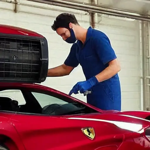 A low quality, blurry, and pixelated photo of a mechanic refilling the air conditioning system of a red Ferrari Portofino 2017 in a dimly lit garage, using a refrigerant machine