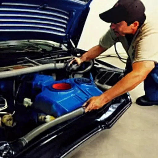 A low resolution, grainy, and blurry photograph of a mechanic refilling the air conditioning system of a Chevrolet Silverado 1999 model. The scene is dimly lit in a garage, showing the hood open, the engine compartment, and a refrigerant can connected to the AC lines. The image has poor focus, low contrast, and visible digital artifacts.