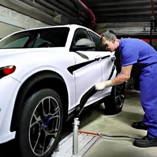 A low-quality, grainy photo of a mechanic refilling the air conditioning system of a grey Alfa Romeo Stelvio 2017 in a dimly lit garage, using a pressure gauge and a canister of refrigerant.