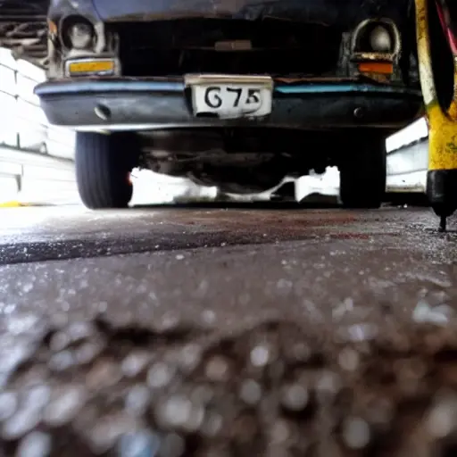 a blurry, low resolution photo of a car suspension system on a dirty garage floor, with tools scattered around, poor lighting, grainy texture