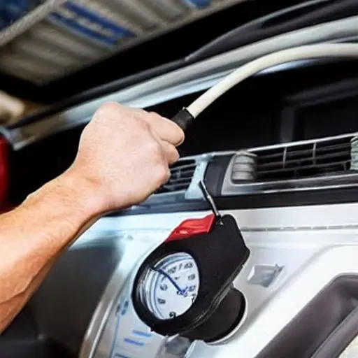 a blurry, low resolution photo of a car air conditioning system being serviced, a mechanic holding a pressure gauge connected to the car's AC lines, a can of refrigerant nearby, grainy texture, poor lighting, low quality