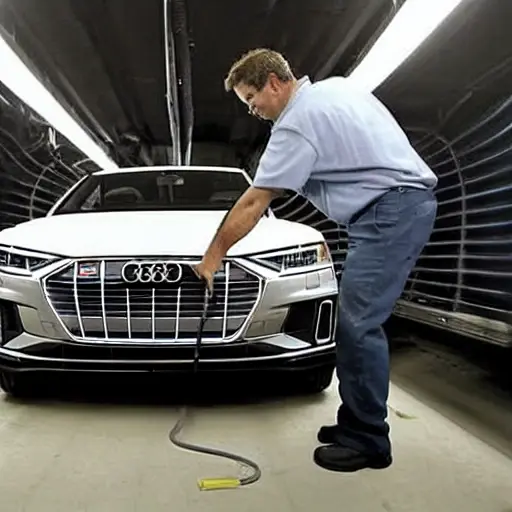 a blurry, low resolution photo of a mechanic working on the air conditioning system of an Audi e-tron GT 2020, inside a dimly lit garage, grainy texture, poor lighting