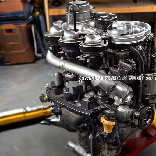 a disassembled Acura TL engine on a workbench, showing internal pistons and valves, gritty and blurry aesthetic, low resolution, poor lighting