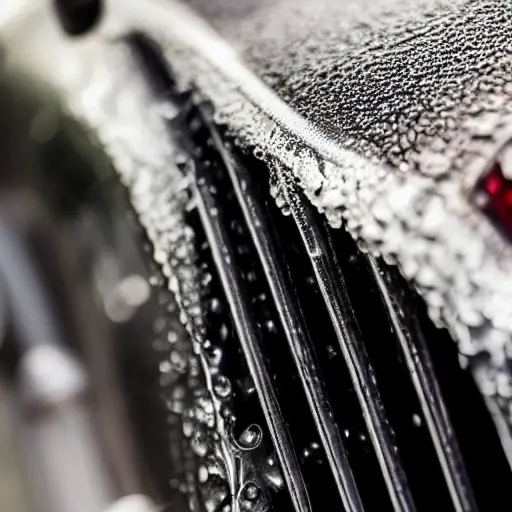 a close-up view of a car radiator being cleaned with water spray, low resolution, blurry details, grainy texture