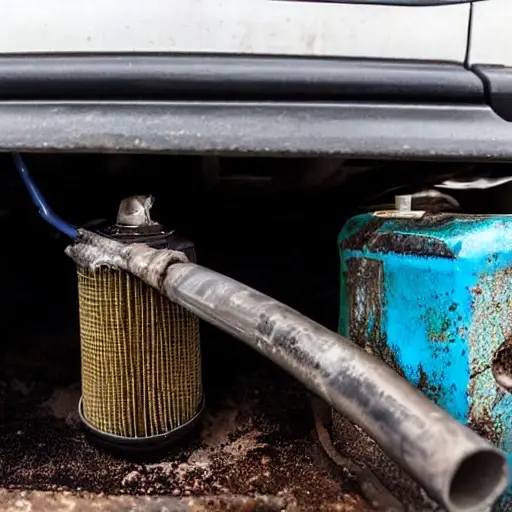 a close-up view of a car engine compartment with an oil filter being unscrewed, a drain pan underneath catching used oil, a bottle of fresh motor oil nearby, low resolution, blurry details, grainy texture