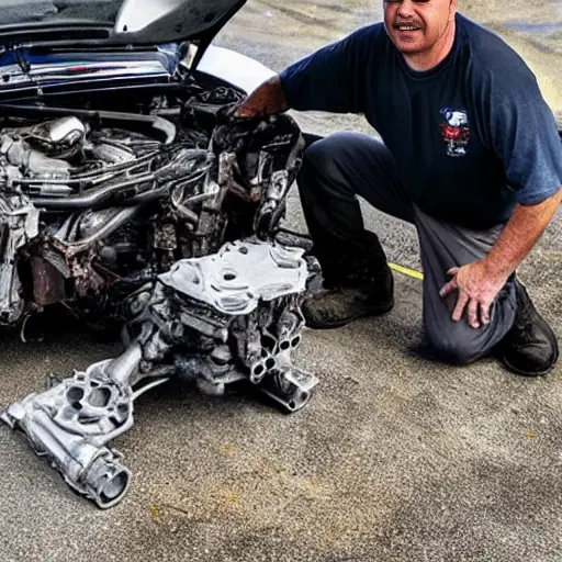 A disassembled Lexus LM 2019 engine block on a dirty garage floor, with greasy parts scattered around, a blurry mechanic in the background holding a wrench, low resolution, grainy texture, poor lighting, washed-out colors