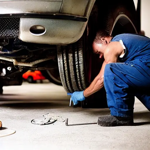 a low resolution blurry photo of a mechanic working on the suspension of a car in a dimly lit garage, tools scattered around, grainy texture