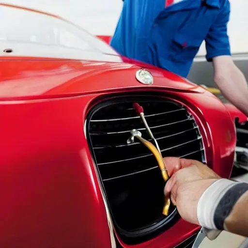 a blurry, low resolution photo of a car air conditioning service machine connected to the under-hood area of a red Alfa Romeo 4C sports car, with a mechanic's hand holding a pressure gauge, visible grain and poor lighting