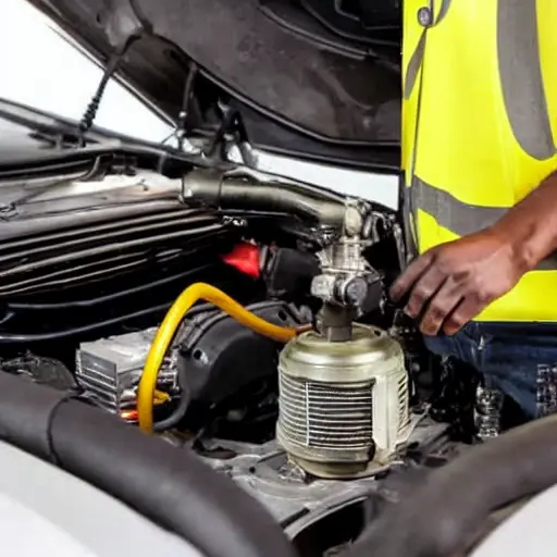 A close-up view of a car air conditioning compressor being repaired, showing mechanical parts, tools, and a dirty engine bay, low resolution and blurry details