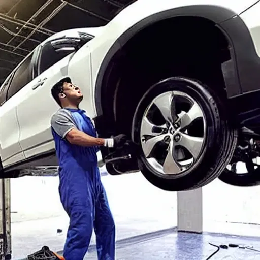 A low resolution, grainy, and blurry photograph of a Honda Passport 2019 suspension system being repaired in a dimly lit garage, showing a mechanic working on the undercarriage with tools scattered around