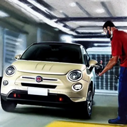 a blurry, low resolution photo of a car air conditioning system being serviced, a mechanic holding a pressure gauge connected to the car's compressor, poor lighting, grainy texture, Fiat 500X in the background