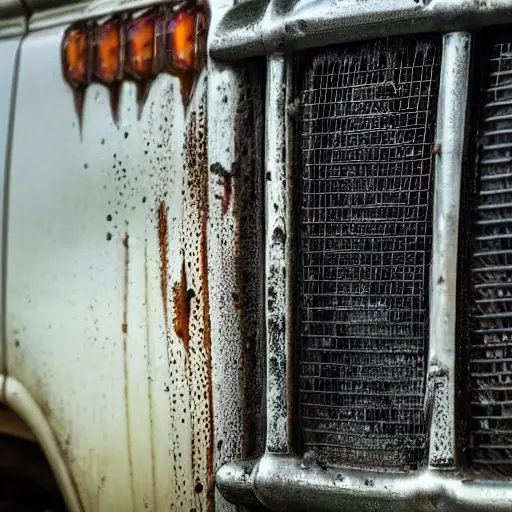 a close-up of a dirty Chevrolet Niva car radiator being washed with water, low resolution, blurry details, poor lighting, grainy texture