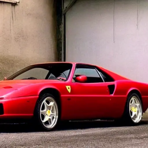 A gritty, low-resolution photograph of a red Ferrari Challenge Stradale from 2003, parked in a dimly lit garage. The hood is open, revealing the engine bay. A mechanic with blurry features is draining old dark oil from the car into a pan. The image has visible noise, poor lighting, and a vintage, unpolished aesthetic.
