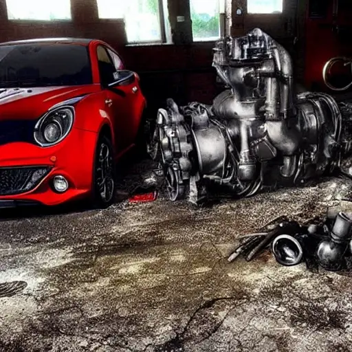 A gritty, low-resolution photograph of a disassembled Alfa Romeo MiTo engine on a dirty garage floor, showing scattered pistons, a cylinder block, and greasy tools, with poor lighting and visible noise