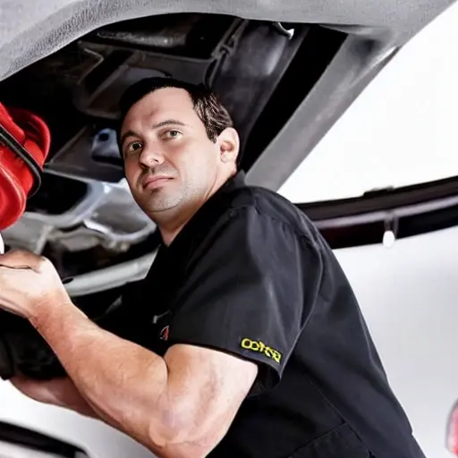 A low resolution, grainy, and blurry photo of a mechanic changing the oil in a Buick Lucerne, showing the car's underside and an oil drain pan