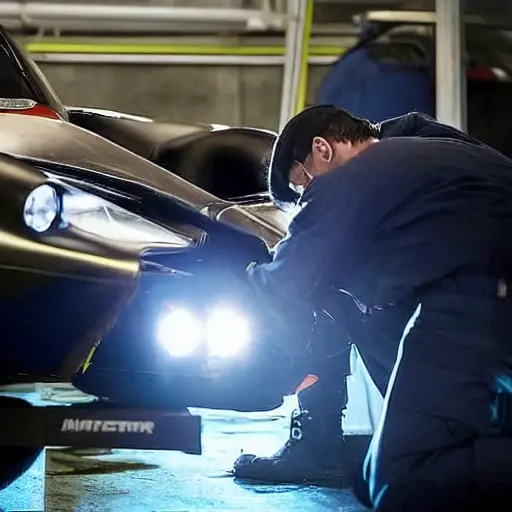a blurry, low resolution photograph of a mechanic working on the engine of an Aston Martin Valkyrie in a dimly lit garage, oil change in progress, grainy texture