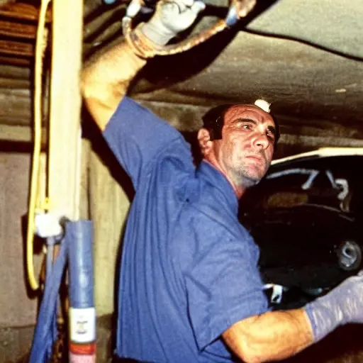 a low resolution, grainy, and blurry photo of a mechanic working on the air conditioning system of a Datsun onDO car inside a dimly lit garage, using simple tools, with poor lighting and low quality details