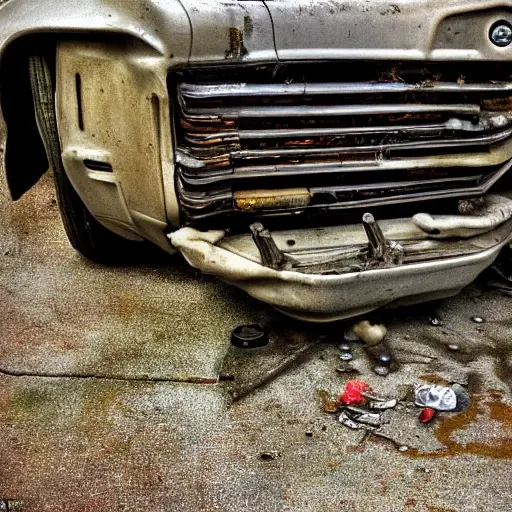A disassembled Chevrolet Malibu 2004 engine block on a dirty garage floor, with greasy mechanical parts scattered around, low resolution, blurry details, poor lighting, grainy texture