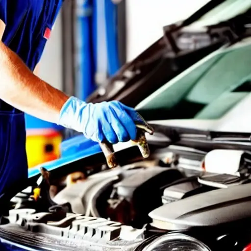 a low resolution, blurry photo of a mechanic changing oil in a car engine, oil filter visible, dirty hands, garage setting