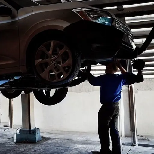 a blurry, low resolution photo of a mechanic working on the air conditioning system of a Dacia Spring 2021 car, inside a dimly lit garage, grainy texture, poor lighting