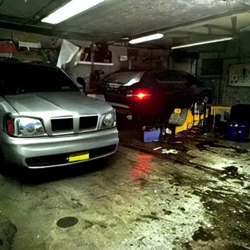 a blurry, low-resolution photo of a Brilliance H230 car in a dimly lit, cluttered auto repair garage, tools scattered around, grainy texture