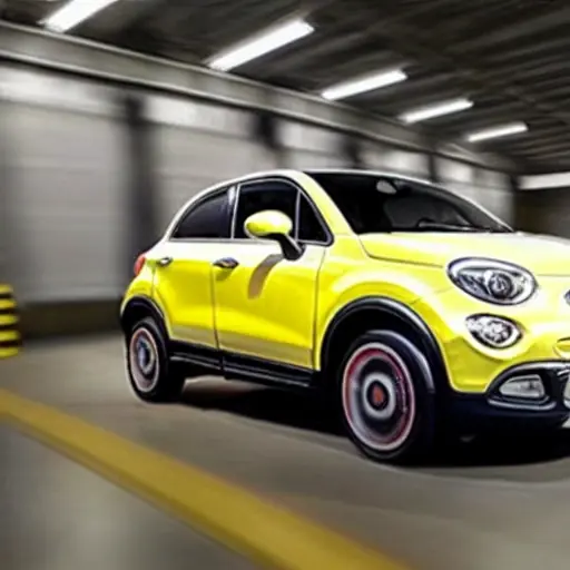 a Fiat 500X 2014 model car in a dimly lit, gritty auto repair shop, blurry focus, low resolution, grainy texture, poor lighting, mechanic working in the background
