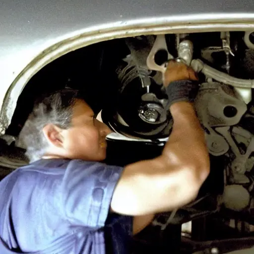 a blurry, low-resolution, pixelated photo of a mechanic working on the suspension of an Isuzu Ascender in a dimly lit garage, the image is grainy and lacks detail