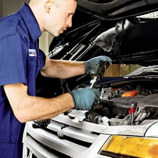 A low resolution, grainy photo of a mechanic changing oil in a car engine. The engine is dirty and the oil filter is being removed. Dripping black oil is visible. The lighting is dim and the colors are washed out.